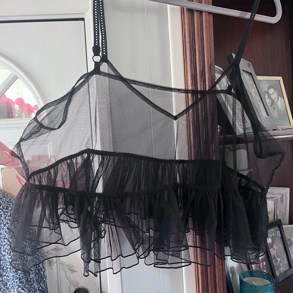 American Eagle Outfitters Black Sheer Ruffle Tulle Tank Top